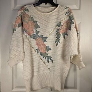 Vtg 80's Bonnie Boerer & Company Womens Ivory Floral Sweater Dolman Sleeve Large